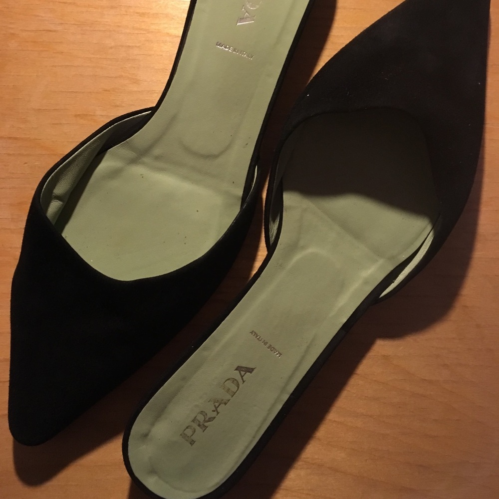 Prada black suede pointed toe mules